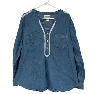 Country Store Women's M Cotton Chambray Tunic Peasant Top Crochet Lace Edging